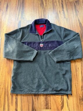 Gant Men's Gray Fleece Half-Zip with Navy Chest Panel and Red Inner Collar